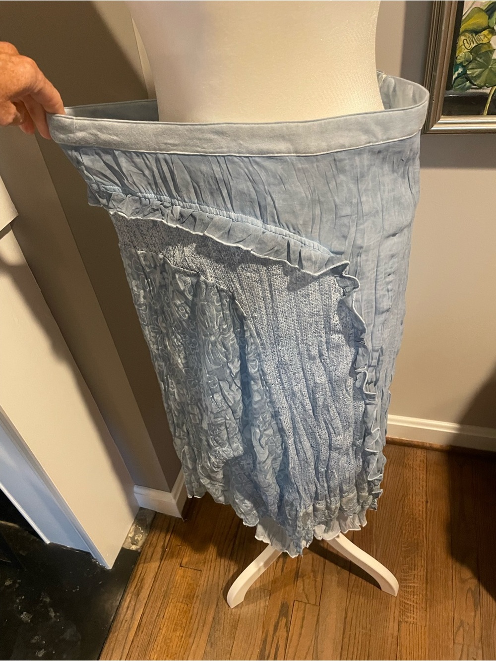 Fabulous Fleur De Lis Living Light Blue Ruffled Midi Skirt. Year round.